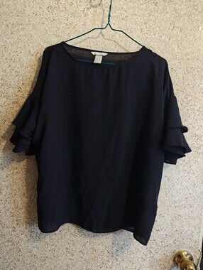 H&M Woven Short Sleeve Ruffle Top - Navy Blue Women 8